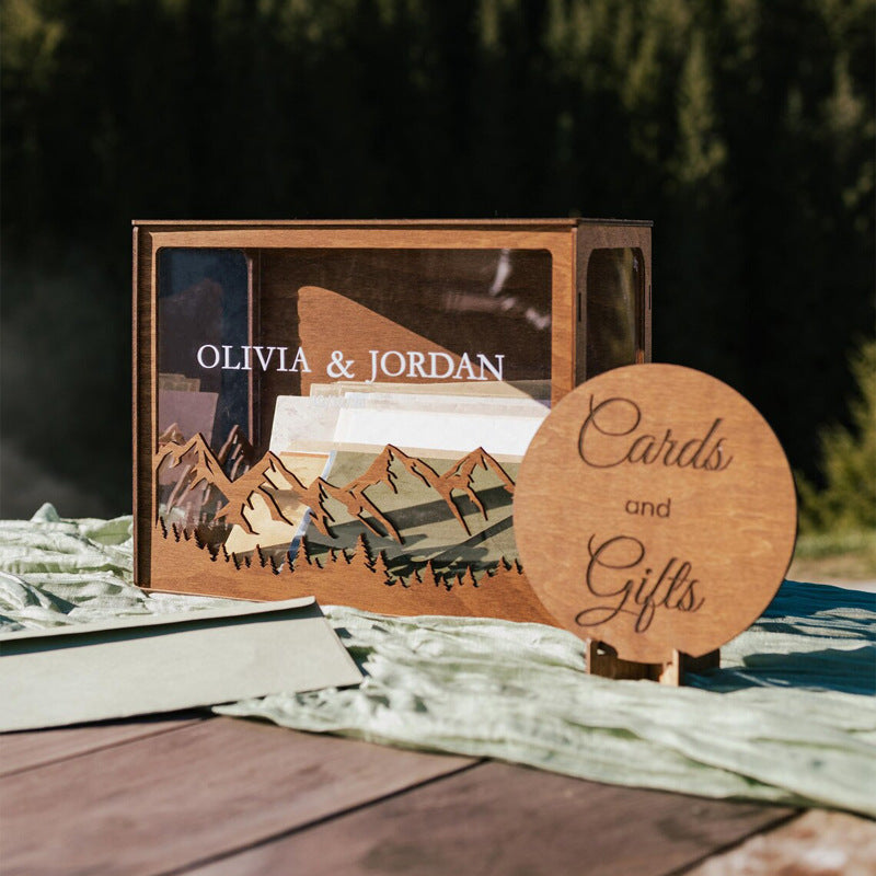 Custom wooden box with names for wedding cards and gifts. 