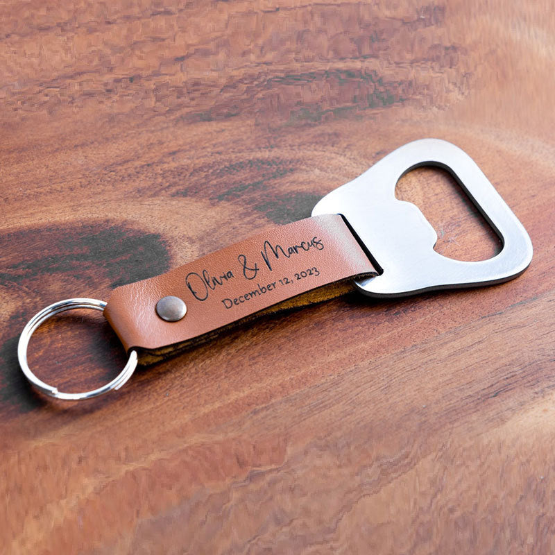 Engraved leather keychain with a bottle opener, custom names and date. 