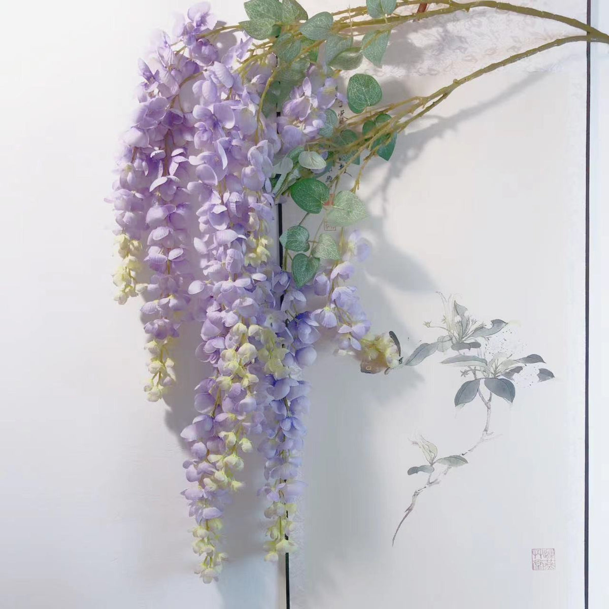 Long purple wisteria flowers with green leaves. 