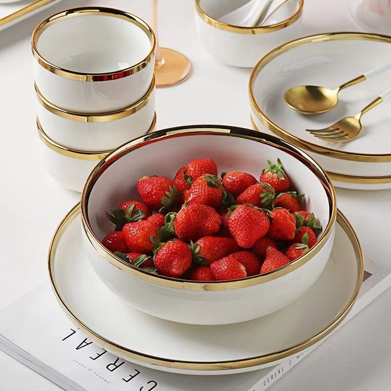White Ceramic Dinnerware Set with Gold Rim Elegant Tableware for Home and Dining