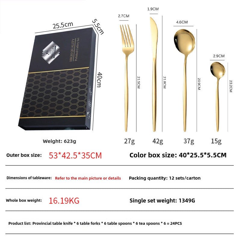 24 Piece Stainless Steel Flatware Set Gold Western Cutlery Knife Fork Spoon Gift Box