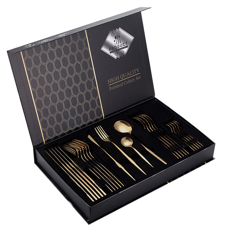 24 Piece Stainless Steel Flatware Set Gold Western Cutlery Knife Fork Spoon Gift Box