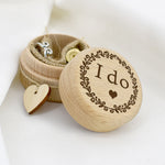 Wooden ring box with "I do" engraving for wedding.