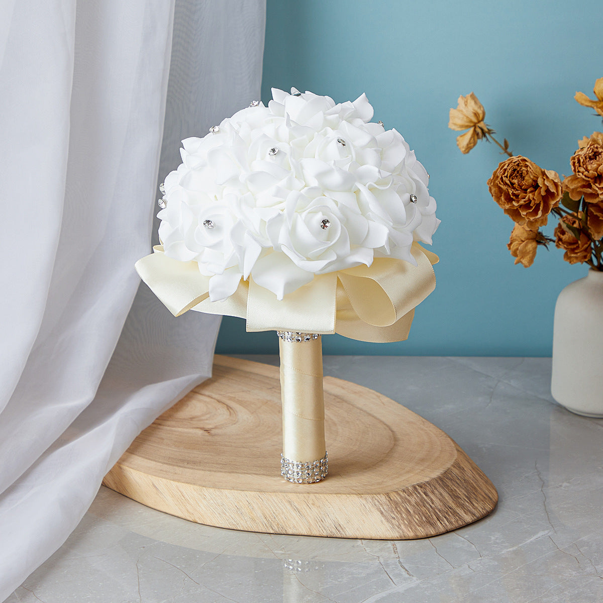 White wedding foam bouquet with ribbon, high-end romance
